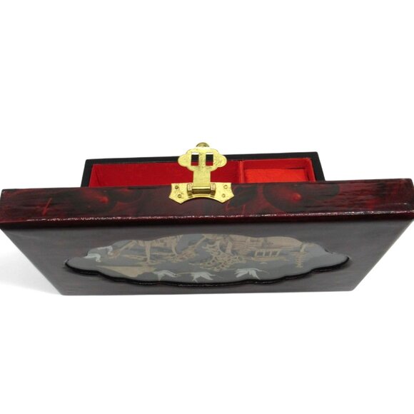 Asian Wooden JEWELRY BOX with 3D Cork Pagoda and Crane Birds Lacquered 9 Inches - Picture 10 of 11